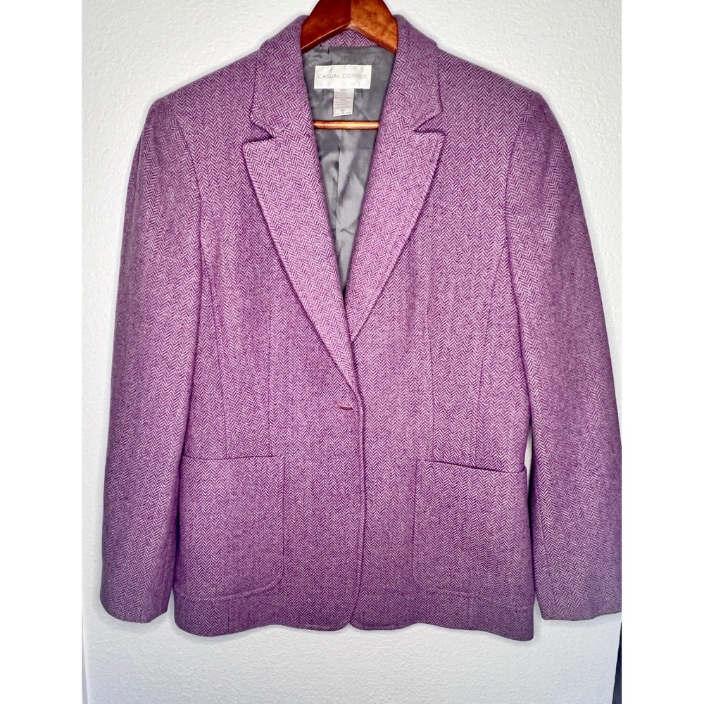 Casual Corner Wool Blend Herringbone Blazer Purple Sz 10 Vintage Tailored Jacket